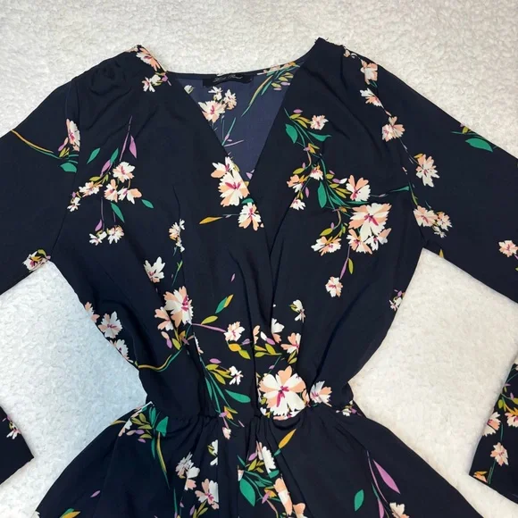 Honey Punch Women Navy Floral Long Sleeve Ruffle Romper - Picture 2 of 10